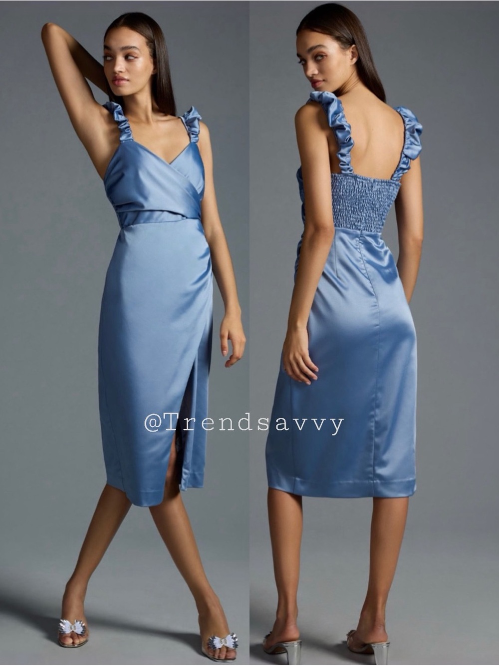 Anthropologie Slate Blue Ruched Sweetheart Midi Dress Ruffled Straps Cocktail XS